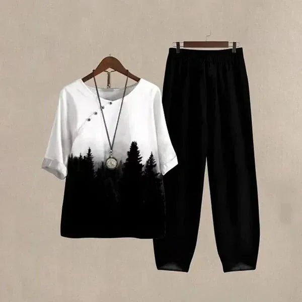 Ruby | Comfortable Loungewear Set with Printed Top & Matching Pants - Black - 1