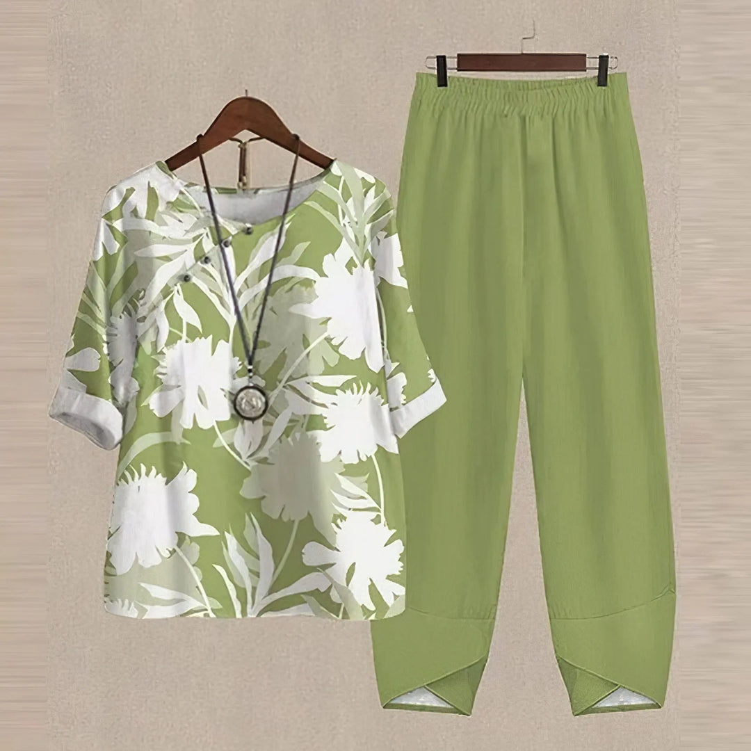 Ruby | Comfortable Loungewear Set with Printed Top & Matching Pants - Light Green - 6