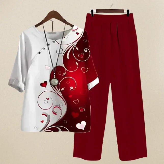 Ruby | Comfortable Loungewear Set with Printed Top & Matching Pants - Red - 10
