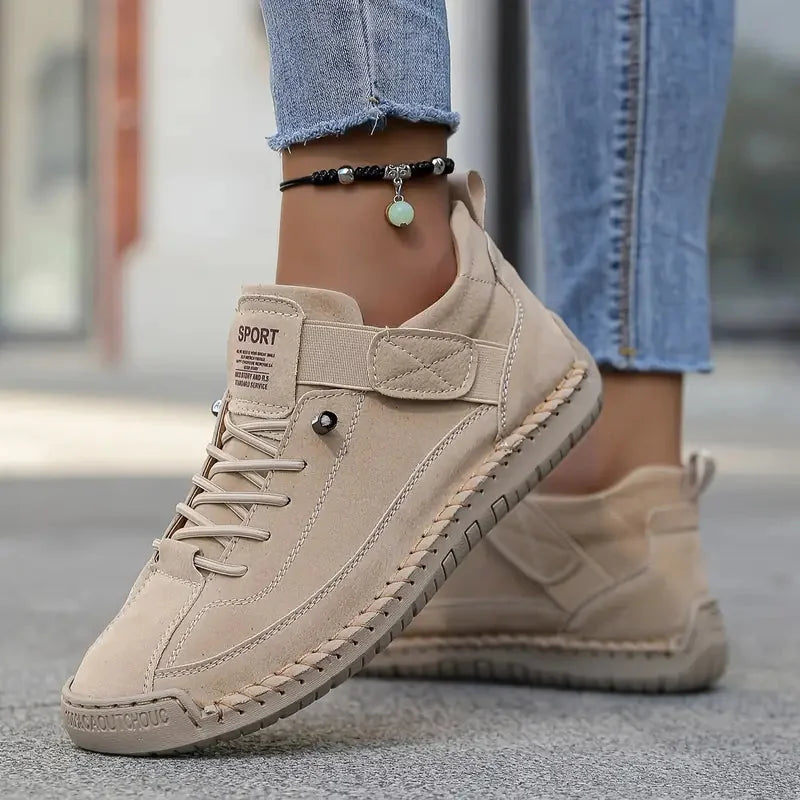Beige Women's Comfortable Support Sneakers — Winnie Leather Athletic Casual - Worn Casual