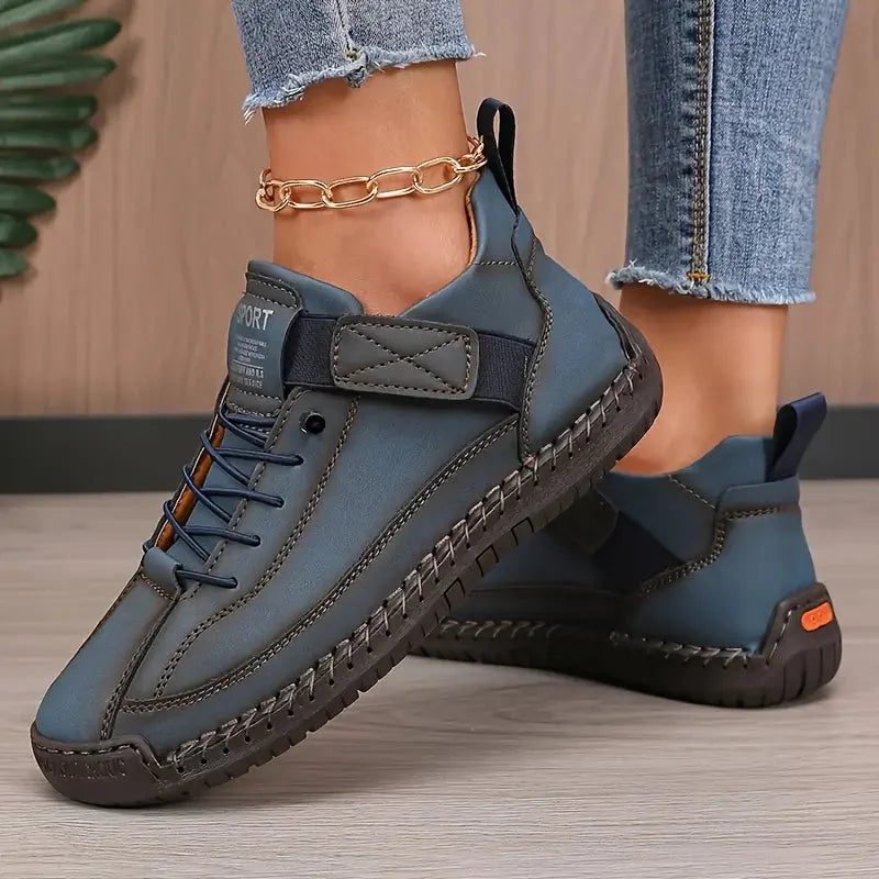 Blue Women's Comfortable Support Sneakers — Winnie Leather Athletic Casual - Studio Pose