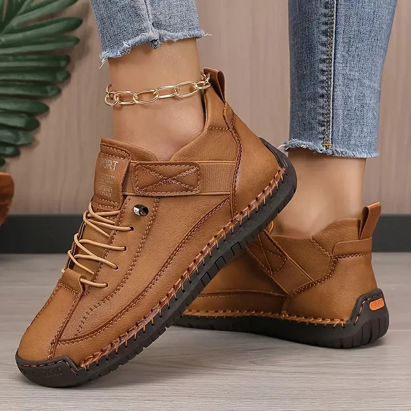 Brown Women's Comfortable Support Sneakers — Winnie Leather Athletic Casual - Worn Lifestyle