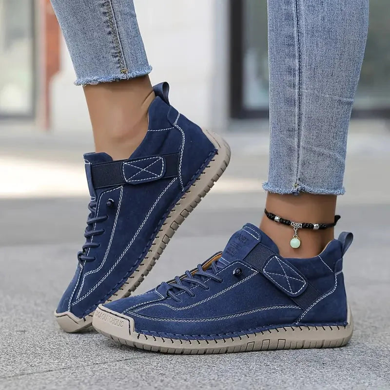 Dark Blue Women's Comfortable Support Sneakers — Winnie Leather Athletic Casual - Outdoor Pose