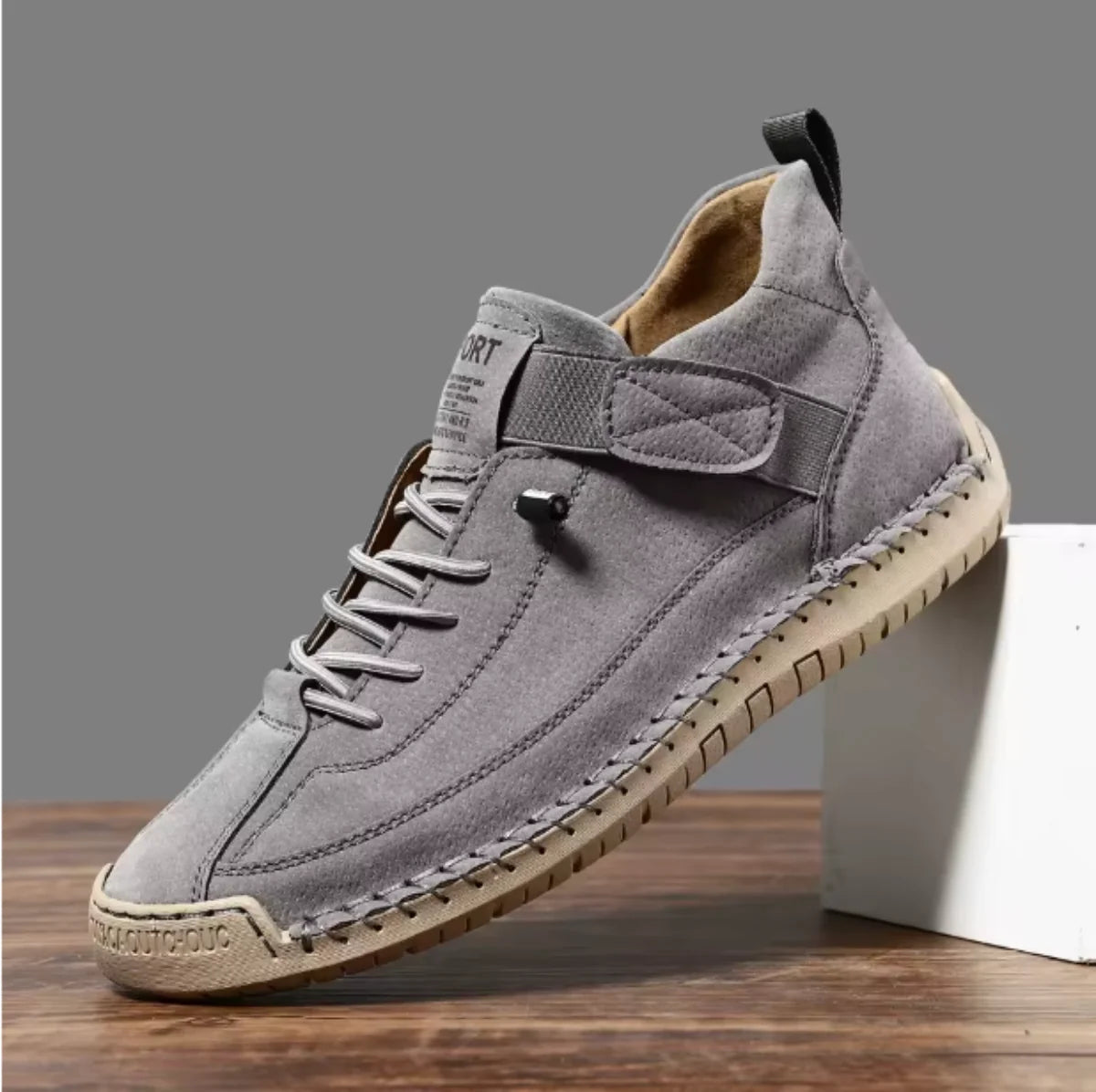 Gray Women's Comfortable Support Sneakers — Winnie Leather Athletic Casual - Close Up Detail