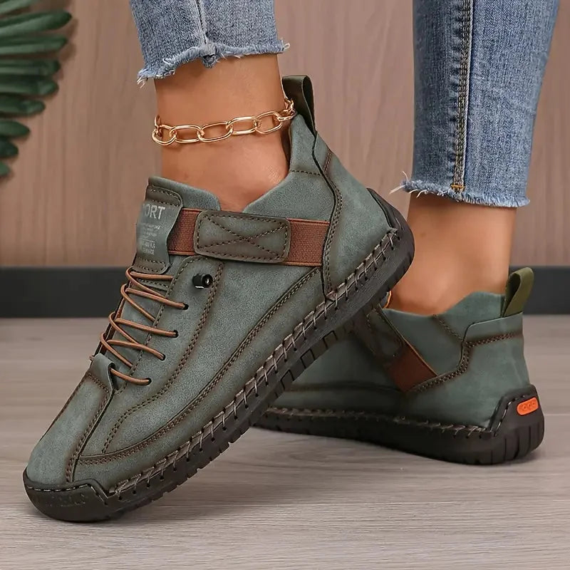 Green Women's Comfortable Support Sneakers — Winnie Leather Athletic Casual - Side Detail