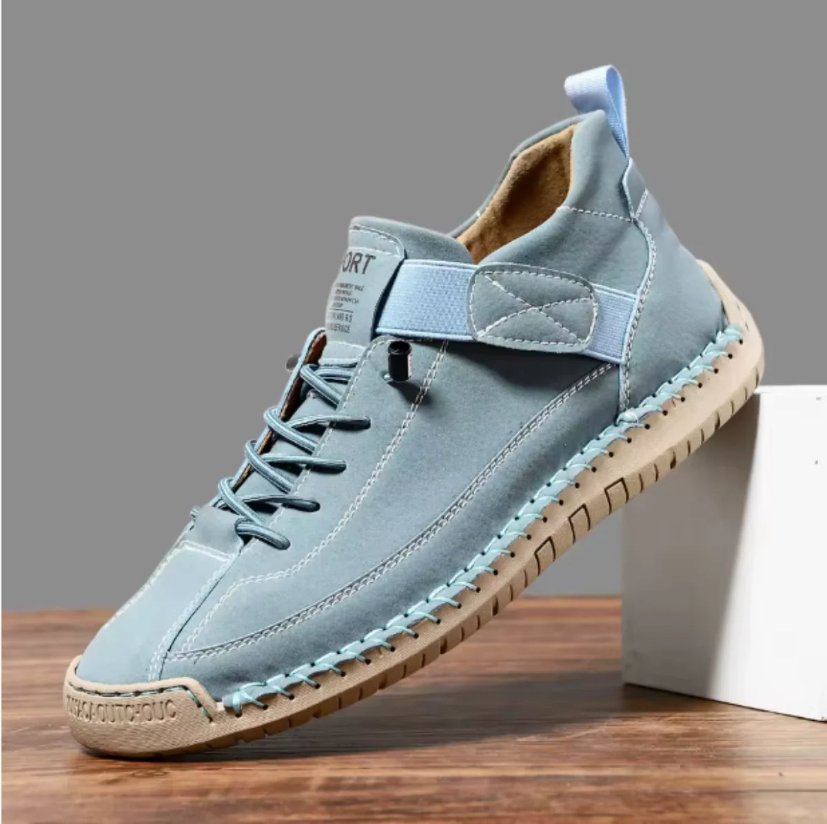 Light Blue Women's Comfortable Support Sneakers — Winnie Leather Athletic Casual - Flat Lay