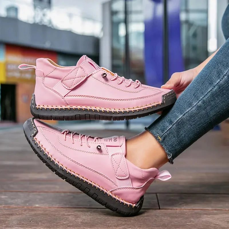 Pink Women's Comfortable Support Sneakers — Winnie Leather Athletic Casual - Lifestyle Pose