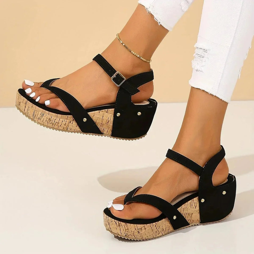 Black Women's Cork Platform Wedge Sandals — Winifred Ankle Strap Studded - Front Angle