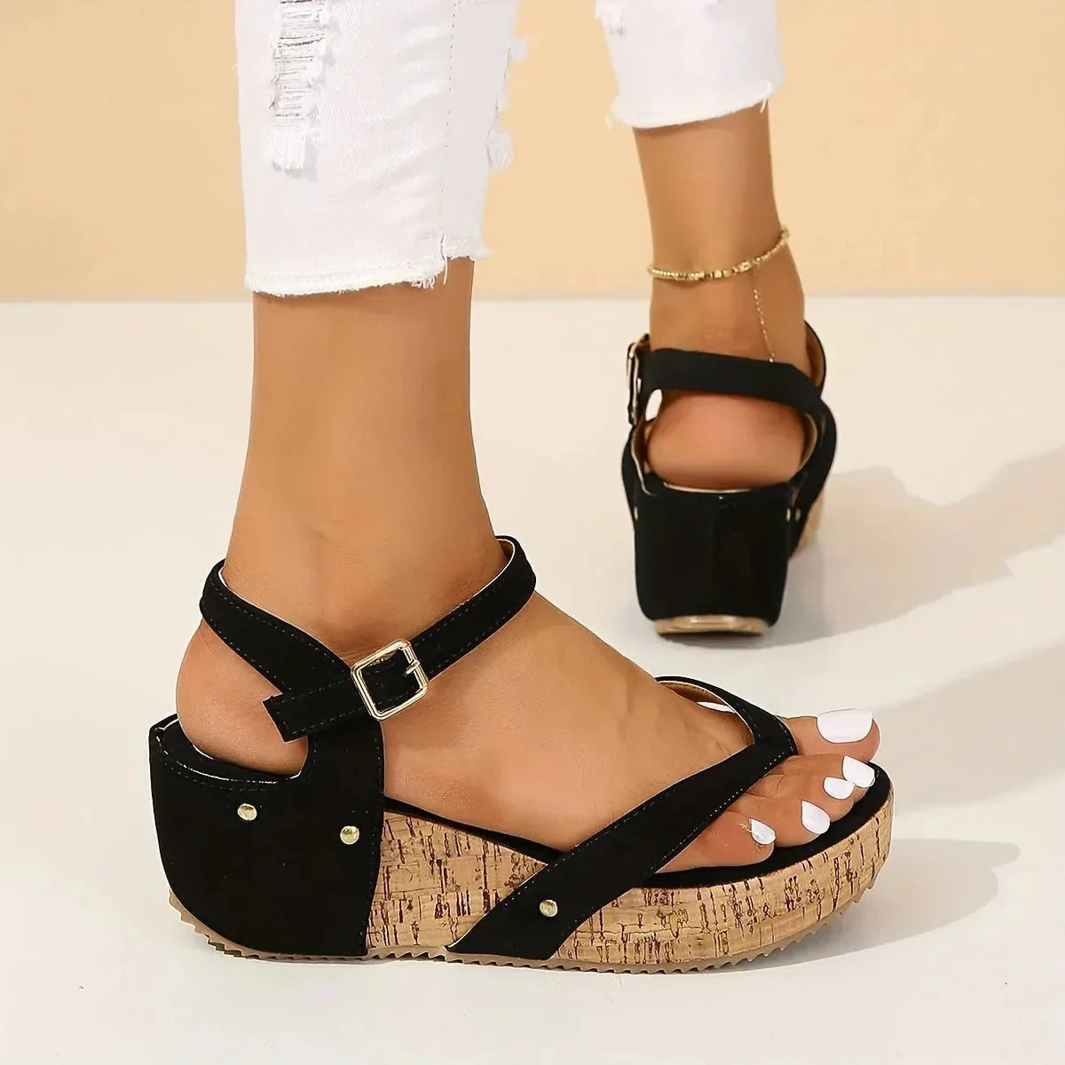 Black Women's Cork Platform Wedge Sandals — Winifred Ankle Strap Studded - Walking Pose