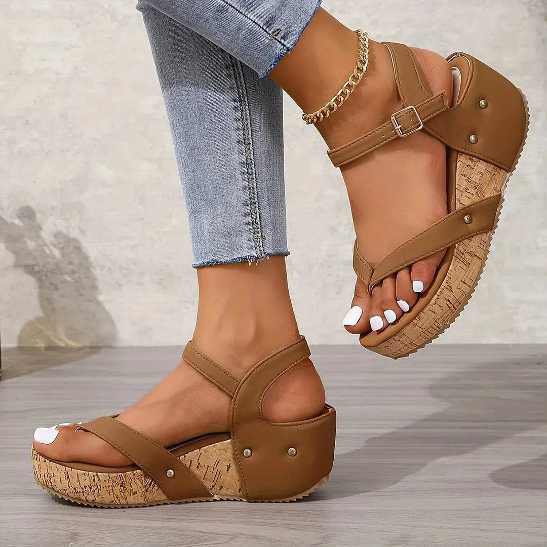 Brown Women's Cork Platform Wedge Sandals — Winifred Ankle Strap Studded - Worn Lifestyle