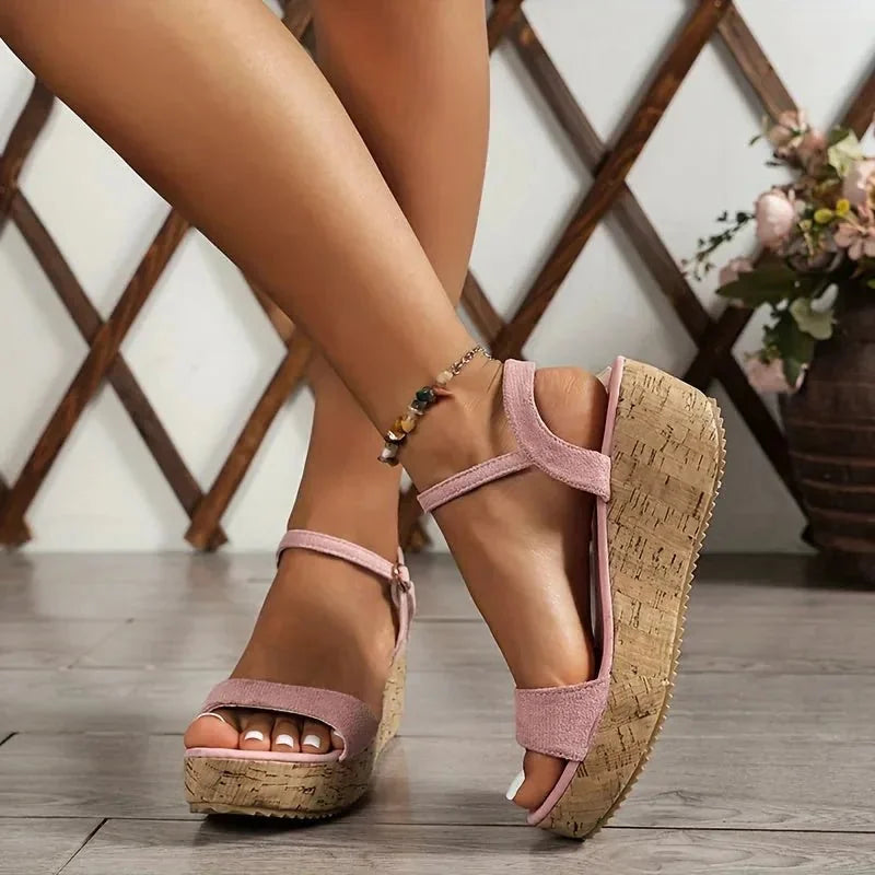 Pink Women's Cork Wedge Platform Sandals — Gracie Strappy Ankle Buckle - Studio Pose