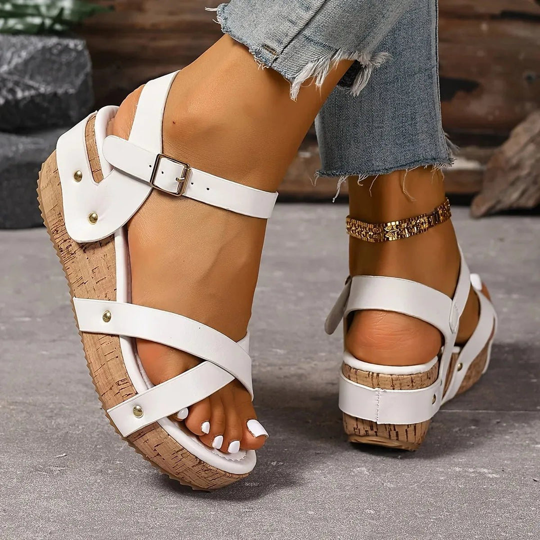 Aurora | Chic Cork Wedge Sandals With Cross Straps - White - 2