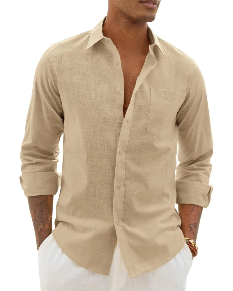 Beige Men's Cotton Linen Long Sleeve Blouse — Noah Button-Front Casual - Front Studio