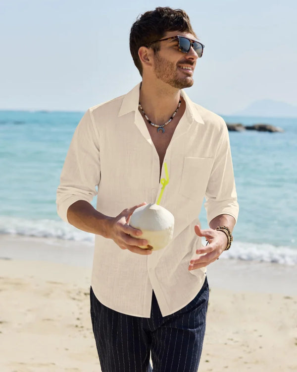 Men's Cotton Linen Long Sleeve Blouse — Noah Button-Front Casual