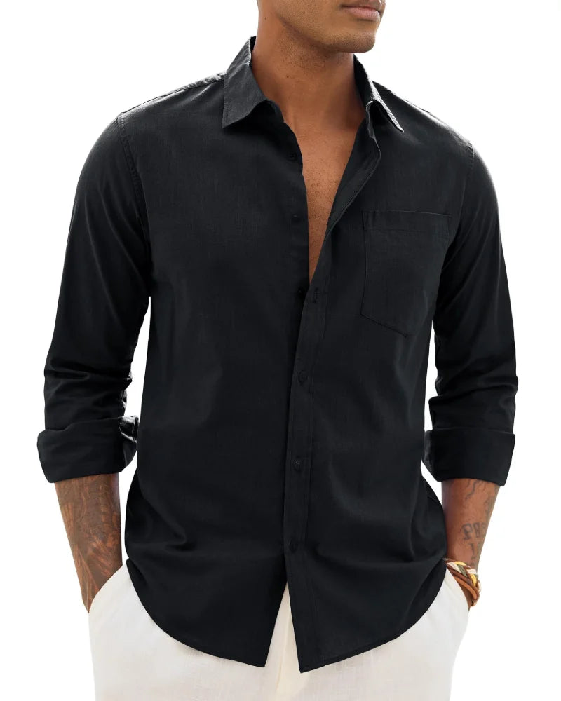 Black Men's Cotton Linen Long Sleeve Blouse — Noah Button-Front Casual - Front Variant