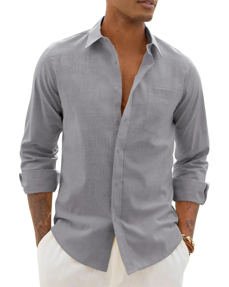 Bleu Men's Cotton Linen Long Sleeve Blouse — Noah Button-Front Casual - Fonc Front Gray Variant