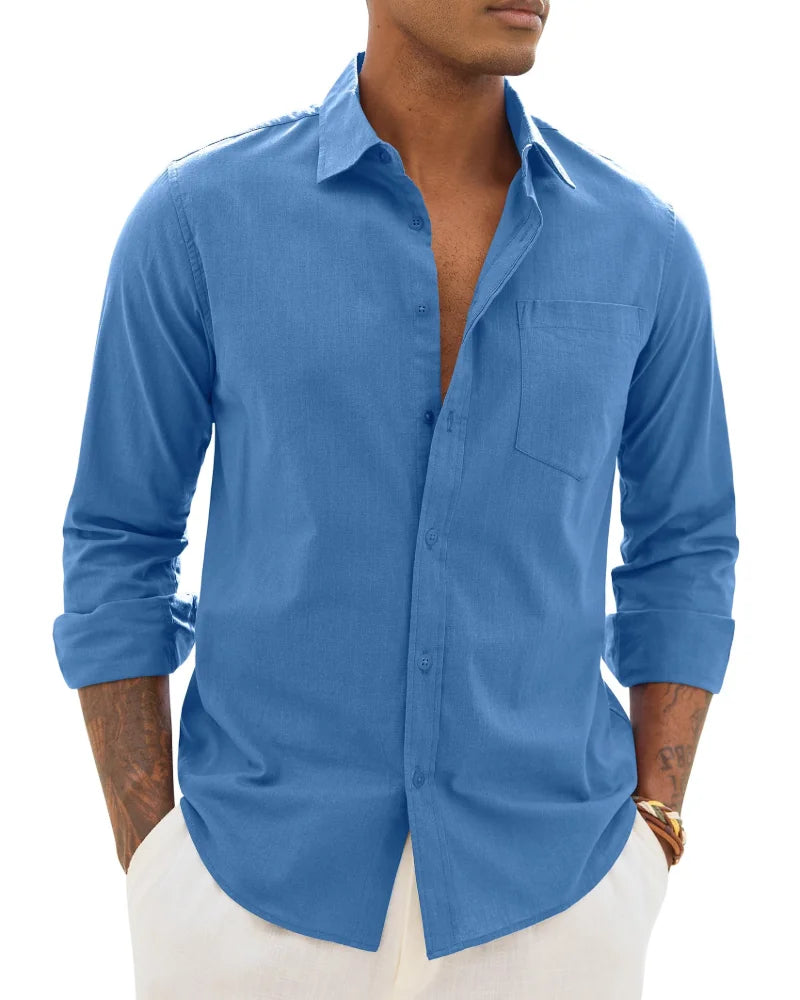 Blue Men's Cotton Linen Long Sleeve Blouse — Noah Button-Front Casual - Front Variant