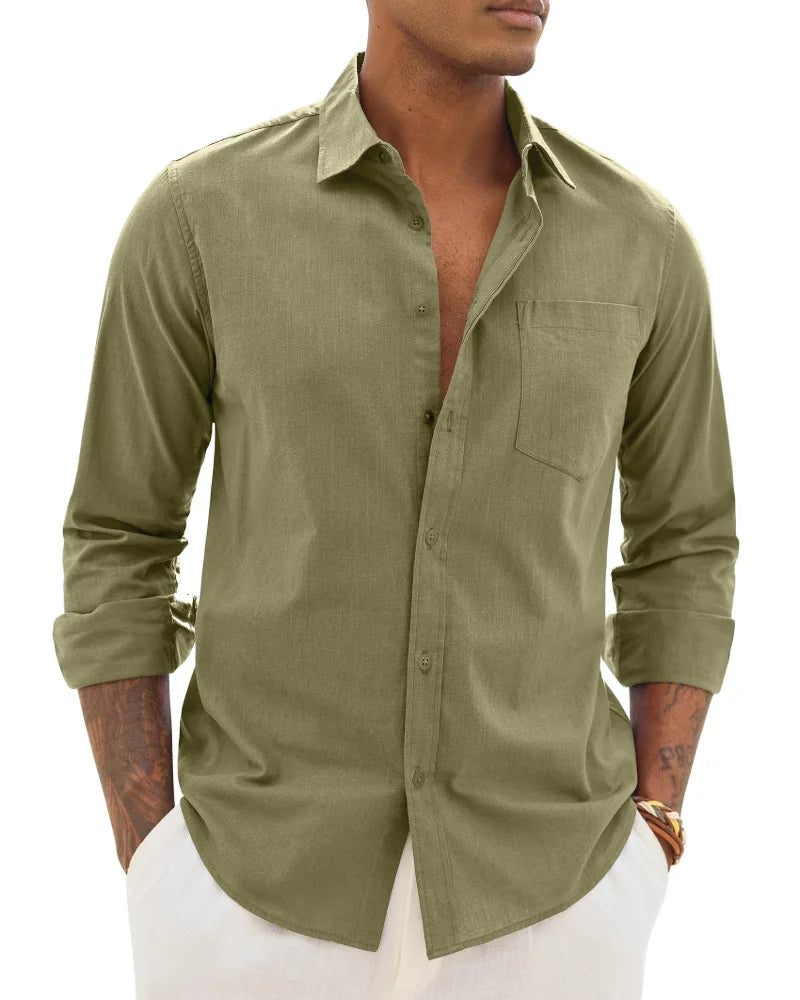 Dark Green Men's Cotton Linen Long Sleeve Blouse — Noah Button-Front Casual - Front Olive Variant