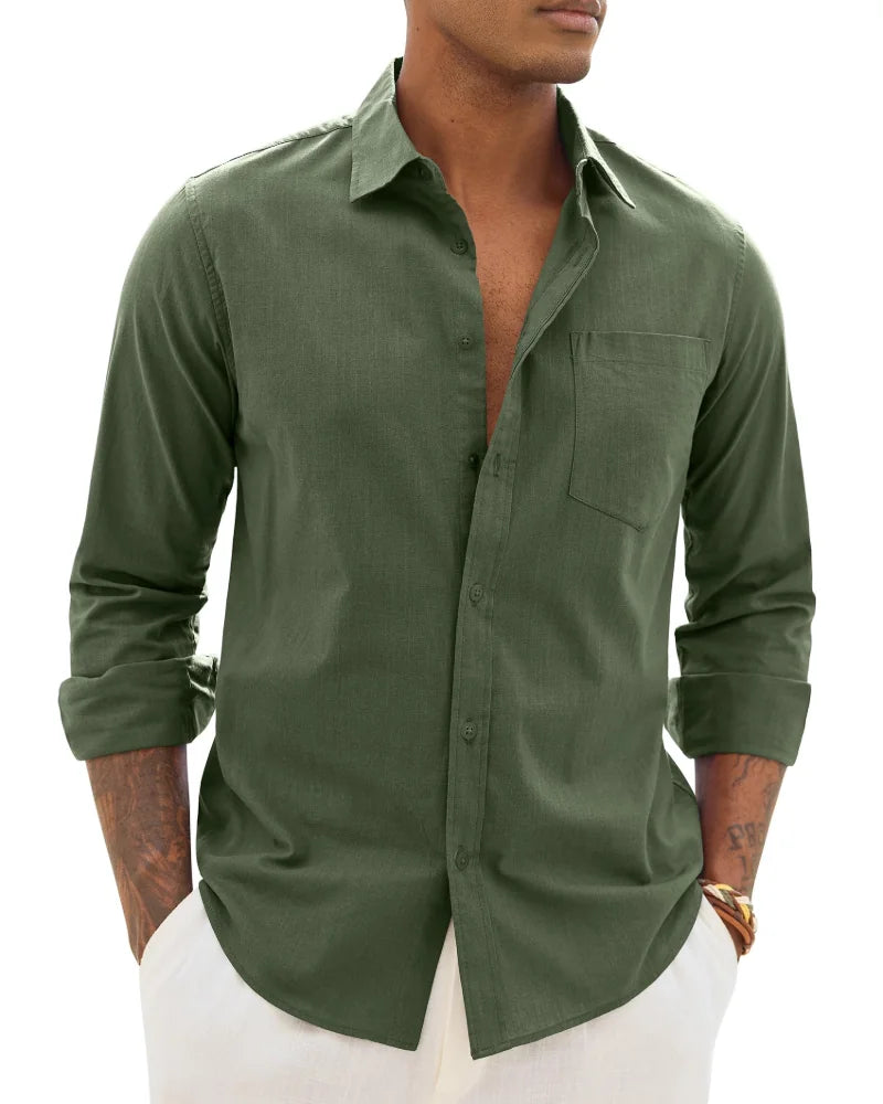Green Men's Cotton Linen Long Sleeve Blouse — Noah Button-Front Casual - Front Variant