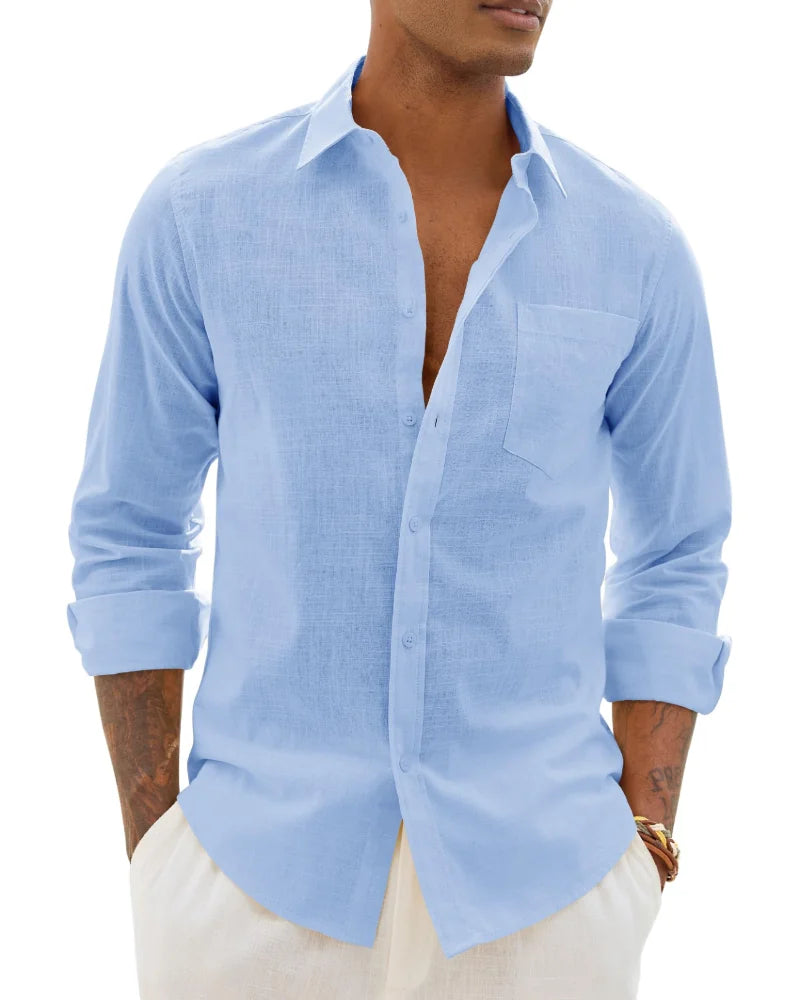 Light Blue Men's Cotton Linen Long Sleeve Blouse — Noah Button-Front Casual - Front Sky Variant