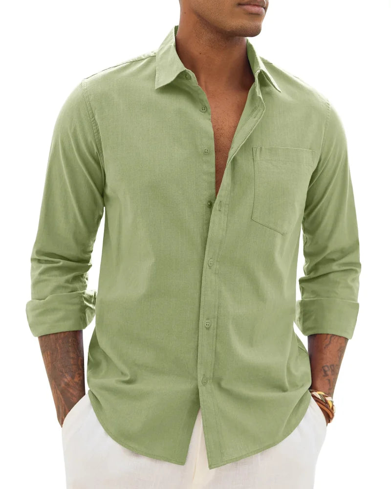 Light Green Men's Cotton Linen Long Sleeve Blouse — Noah Button-Front Casual - Front Sage Variant
