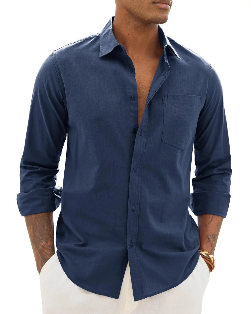 Navy Men's Cotton Linen Long Sleeve Blouse — Noah Button-Front Casual - Front Variant