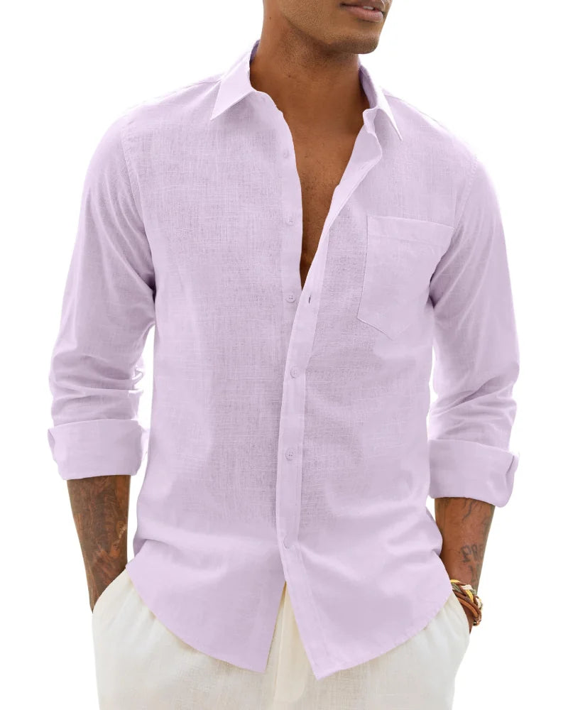 Pink Men's Cotton Linen Long Sleeve Blouse — Noah Button-Front Casual - Front Lilac Variant