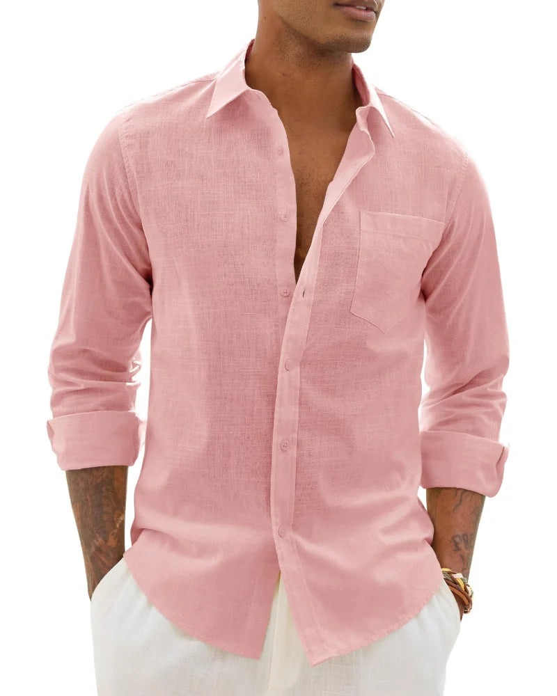 Pink Men's Cotton Linen Long Sleeve Blouse — Noah Button-Front Casual - Front Rose Variant