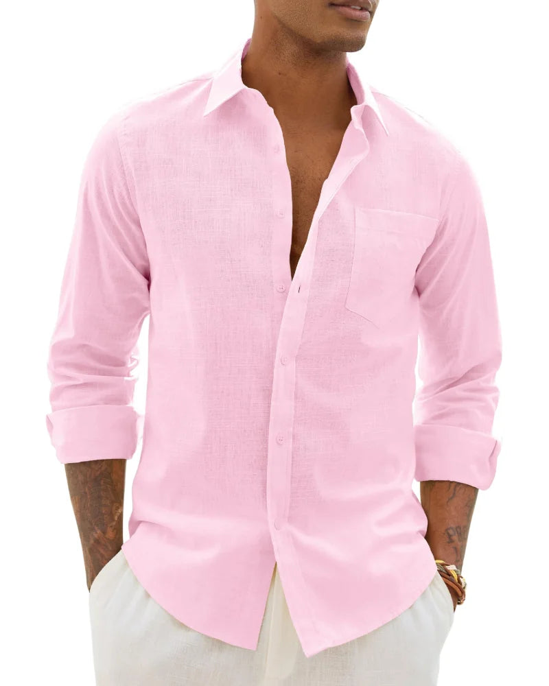 Pink Men's Cotton Linen Long Sleeve Blouse — Noah Button-Front Casual - Front Variant