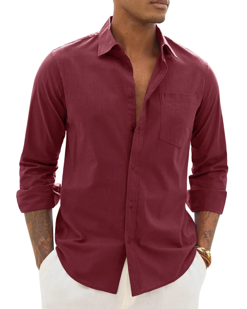 Red Men's Cotton Linen Long Sleeve Blouse — Noah Button-Front Casual - Front Burgundy Variant
