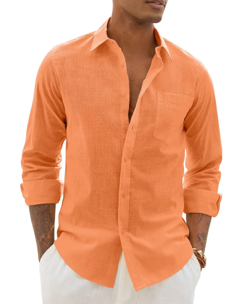 Red Men's Cotton Linen Long Sleeve Blouse — Noah Button-Front Casual - Front Orange Variant
