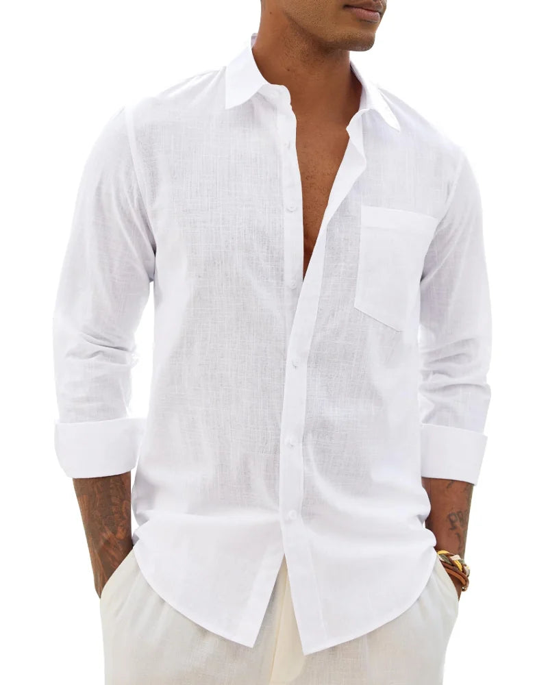 White Men's Cotton Linen Long Sleeve Blouse — Noah Button-Front Casual - Front Studio