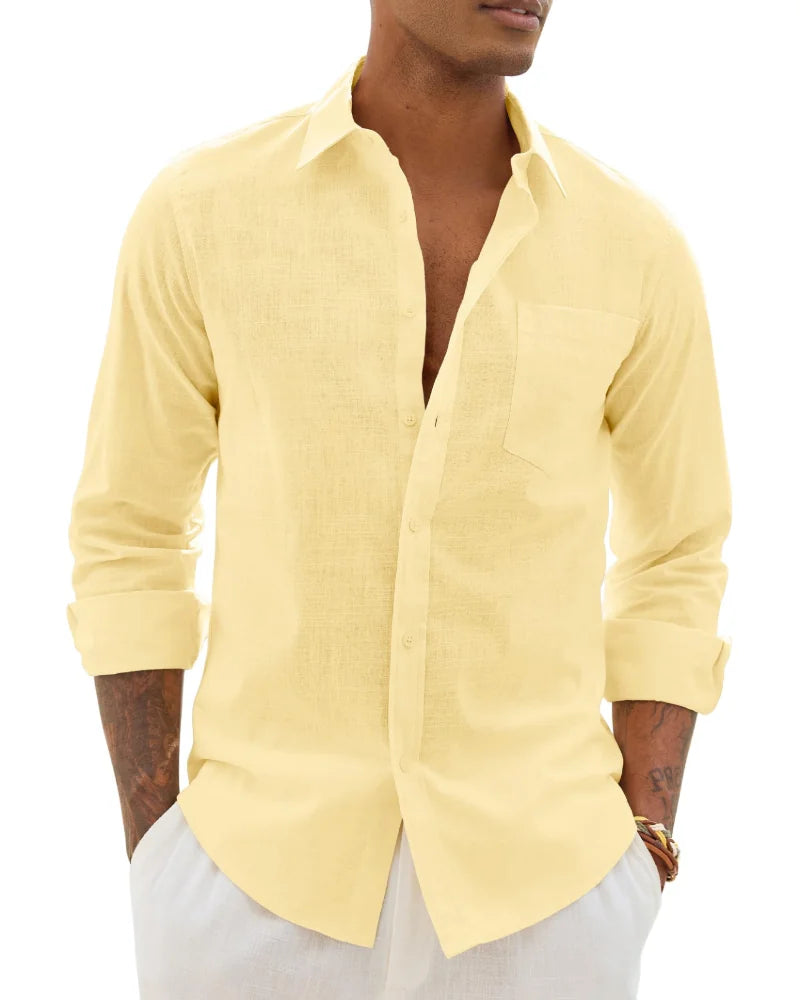 Yellow Men's Cotton Linen Long Sleeve Blouse — Noah Button-Front Casual - Front Variant