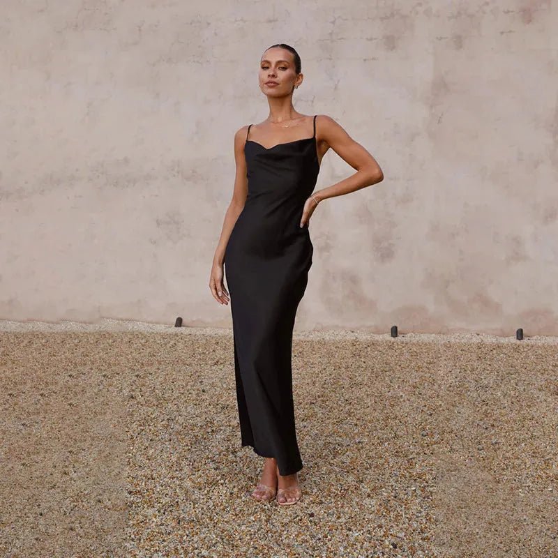 Nadia | Elegant Cowl Neck Satin Maxi Gown - Black - 7