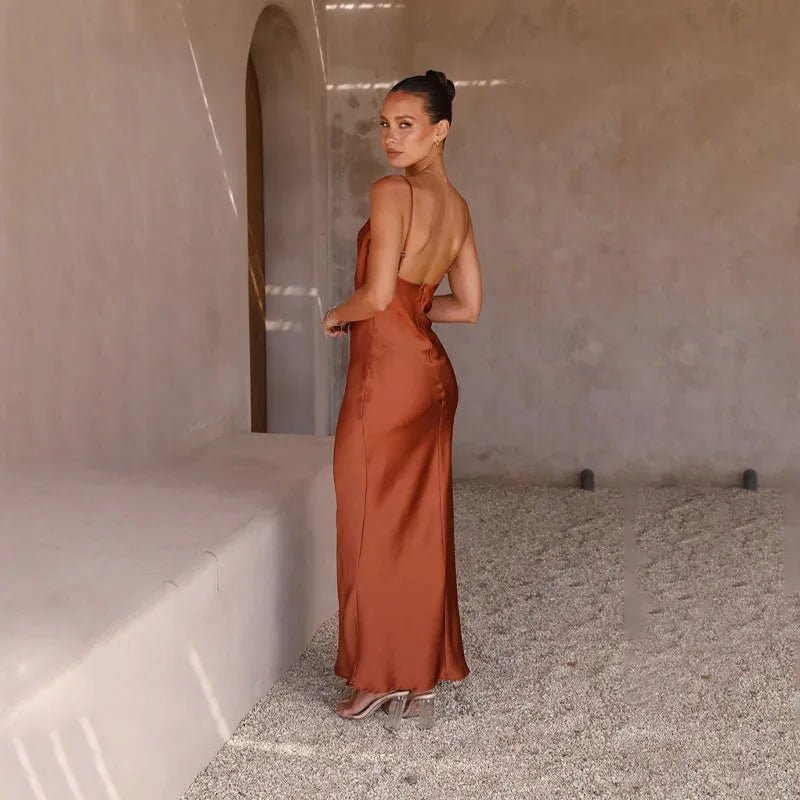 Nadia | Elegant Cowl Neck Satin Maxi Gown - Rust - 5