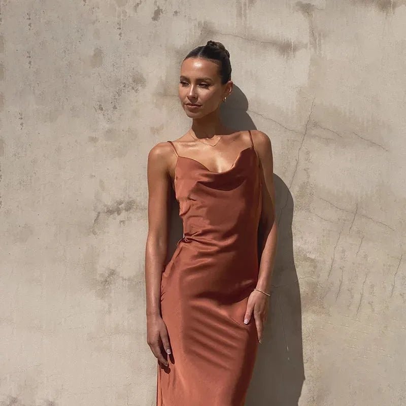 Nadia | Elegant Cowl Neck Satin Maxi Gown - Rust - 2