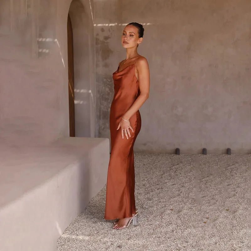 Nadia | Elegant Cowl Neck Satin Maxi Gown - Rust - 4