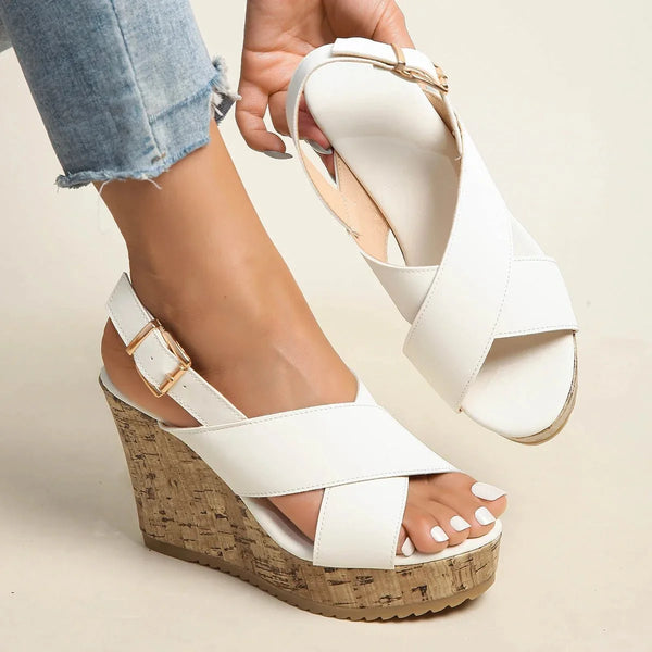 White Women's White Cross Strap Platform Sandals — Sophie Cork Wedge Buckle - Front Full