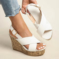 Women's White Cross Strap Platform Sandals — Sophie Cork Wedge Buckle