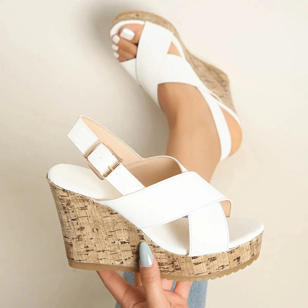 White Women's White Cross Strap Platform Sandals — Sophie Cork Wedge Buckle - Side Detail