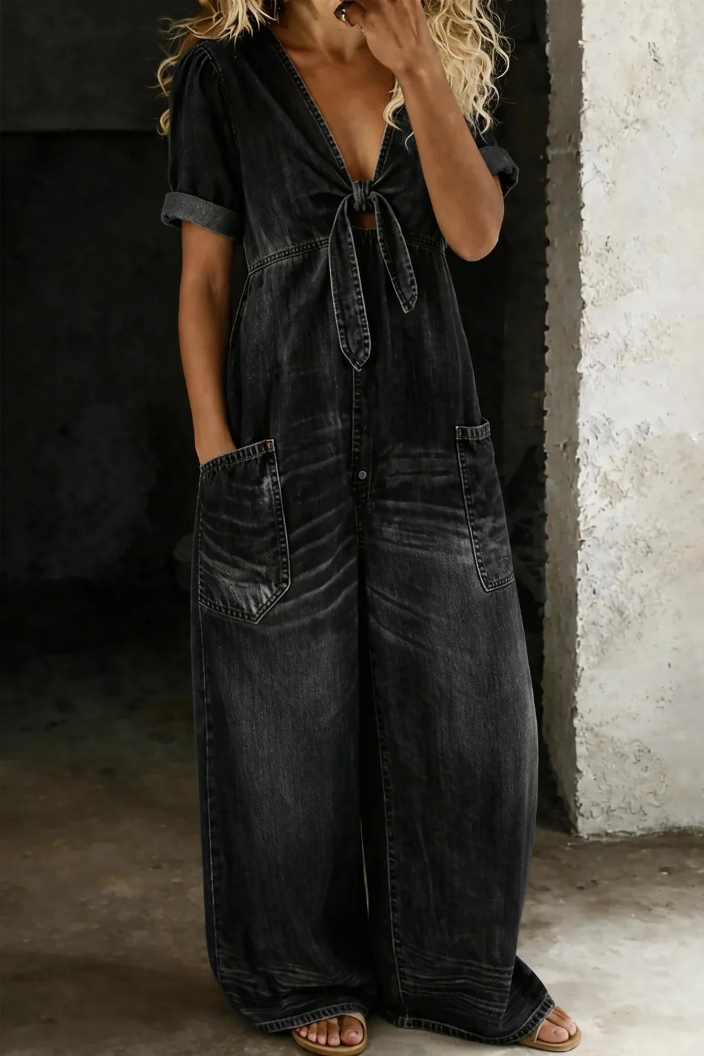 Black Women's Denim Jumpsuit — Niamh Short Sleeve Wide-Leg Tie Front - Front Standing