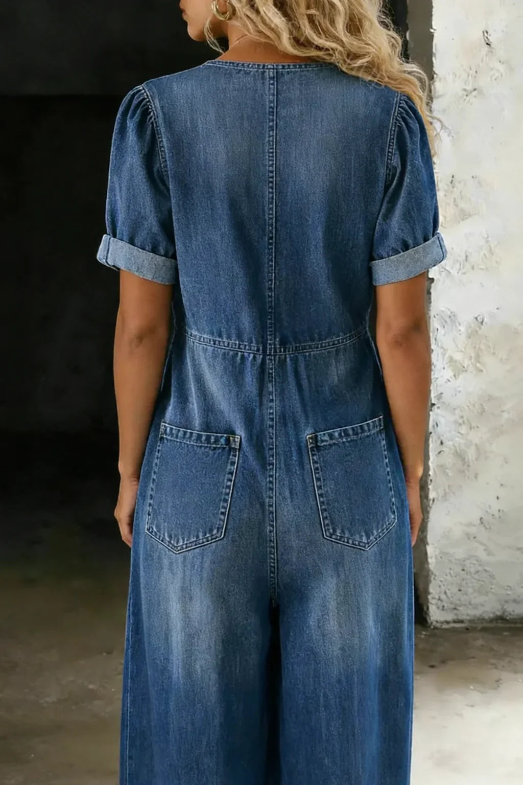 Blue Women's Denim Jumpsuit — Niamh Short Sleeve Wide-Leg Tie Front - Back Detail