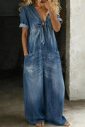 Women's Denim Jumpsuit — Niamh Short Sleeve Wide-Leg Tie Front