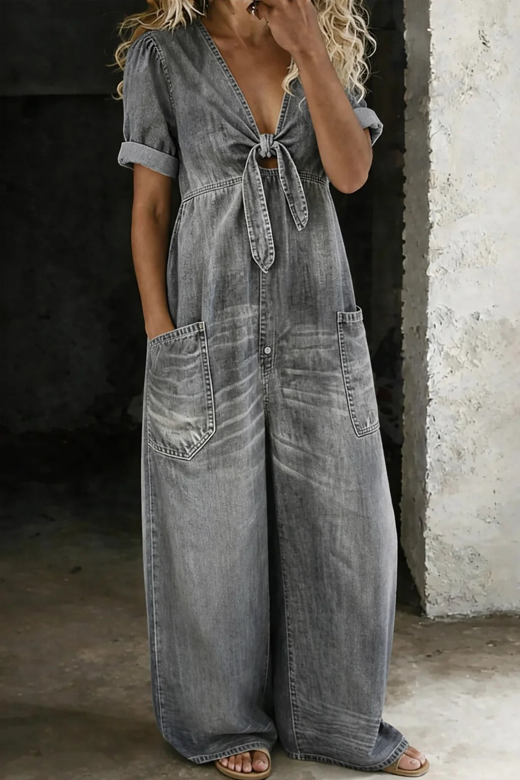 Grey Women's Denim Jumpsuit — Niamh Short Sleeve Wide-Leg Tie Front - Front View