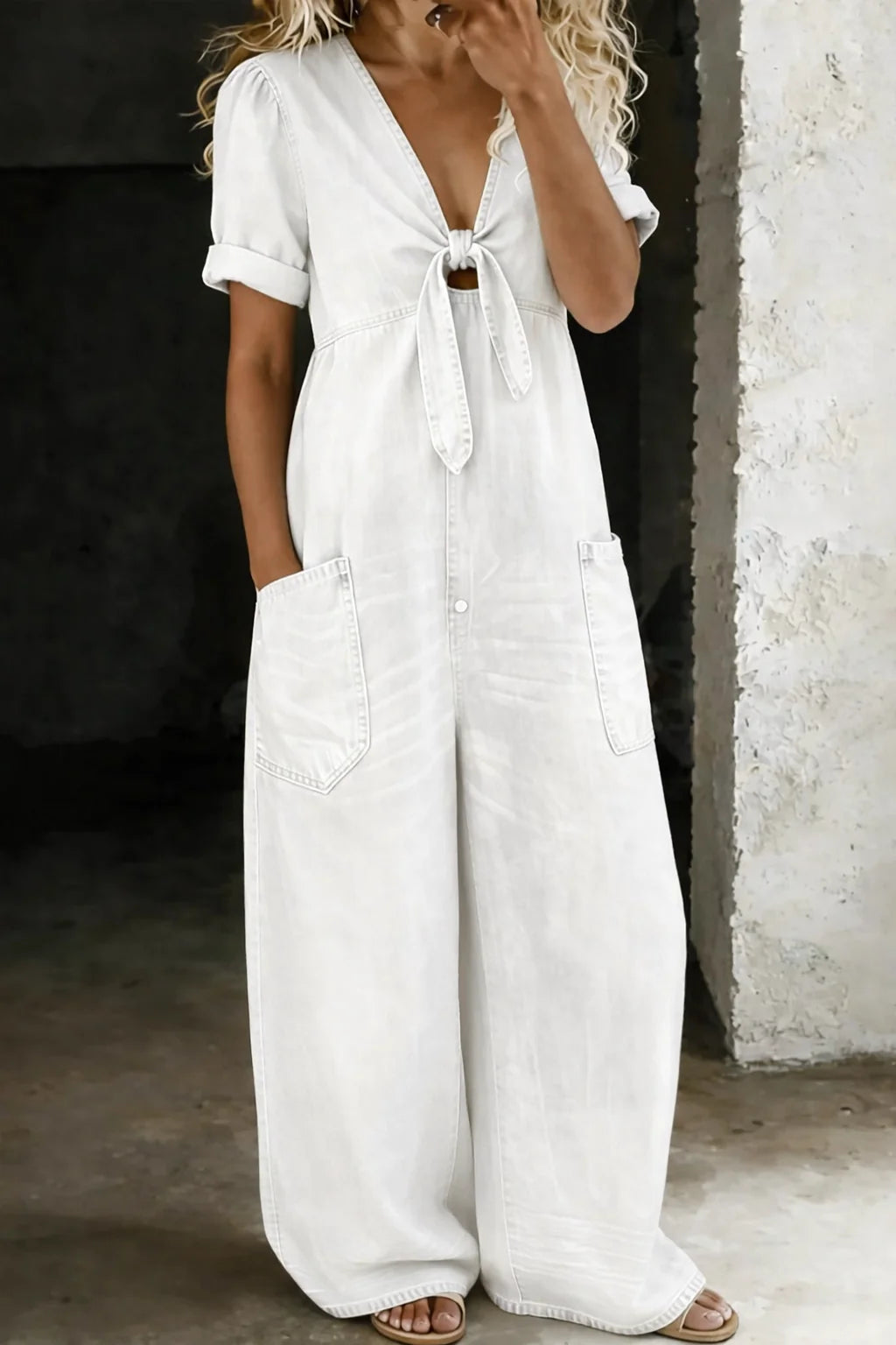 White Women's Denim Jumpsuit — Niamh Short Sleeve Wide-Leg Tie Front - Front Lifestyle