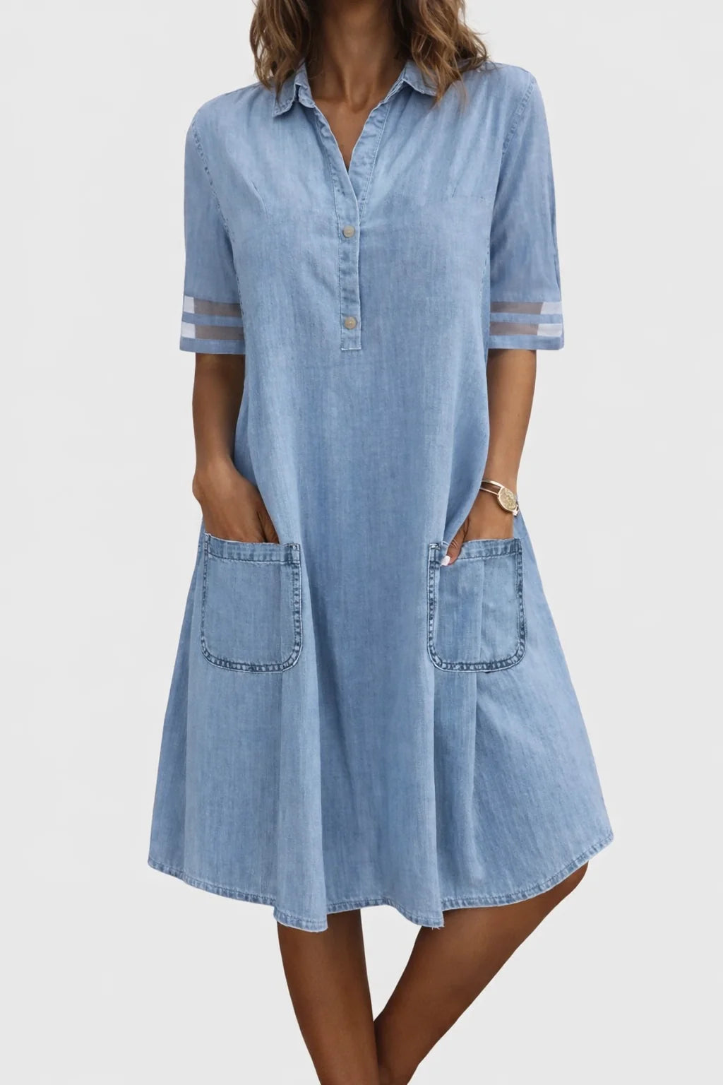 Light Blue Women's Light Blue Denim Shirt Dress — Ramona Pockets Casual - Front Full