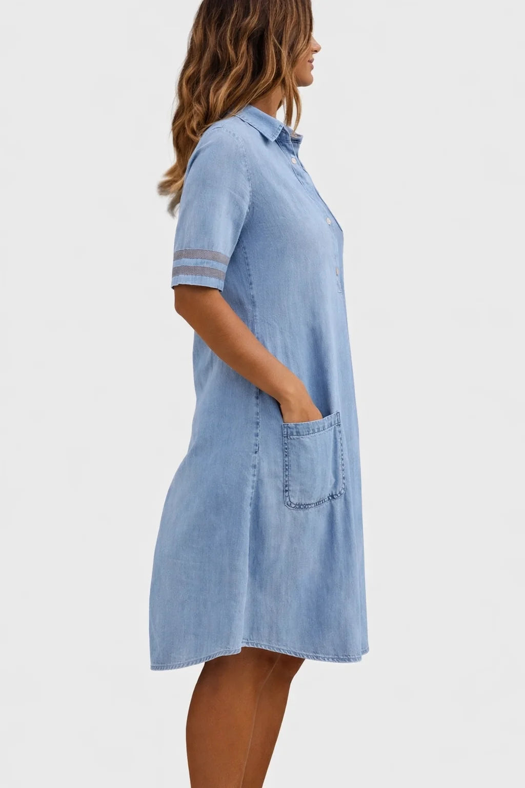 Light Blue Women's Light Blue Denim Shirt Dress — Ramona Pockets Casual - Side Pose