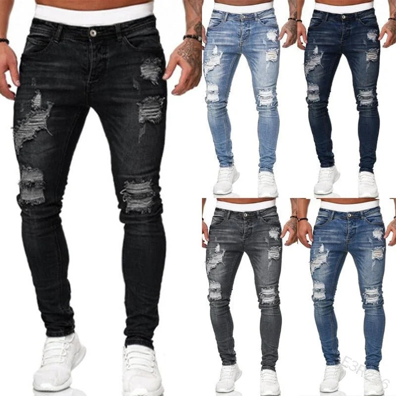 Black Men's Distressed Skinny Jeans — Griffin Ripped Stretch Denim - Color Variants