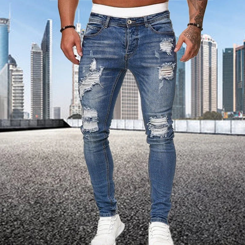 Blue Men's Distressed Skinny Jeans — Griffin Ripped Stretch Denim - Front Full
