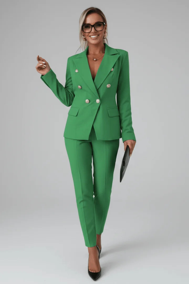 Green Women's Double-Breasted Blazer Pants Suit — Lucia Tailored Office Professional - Business Style